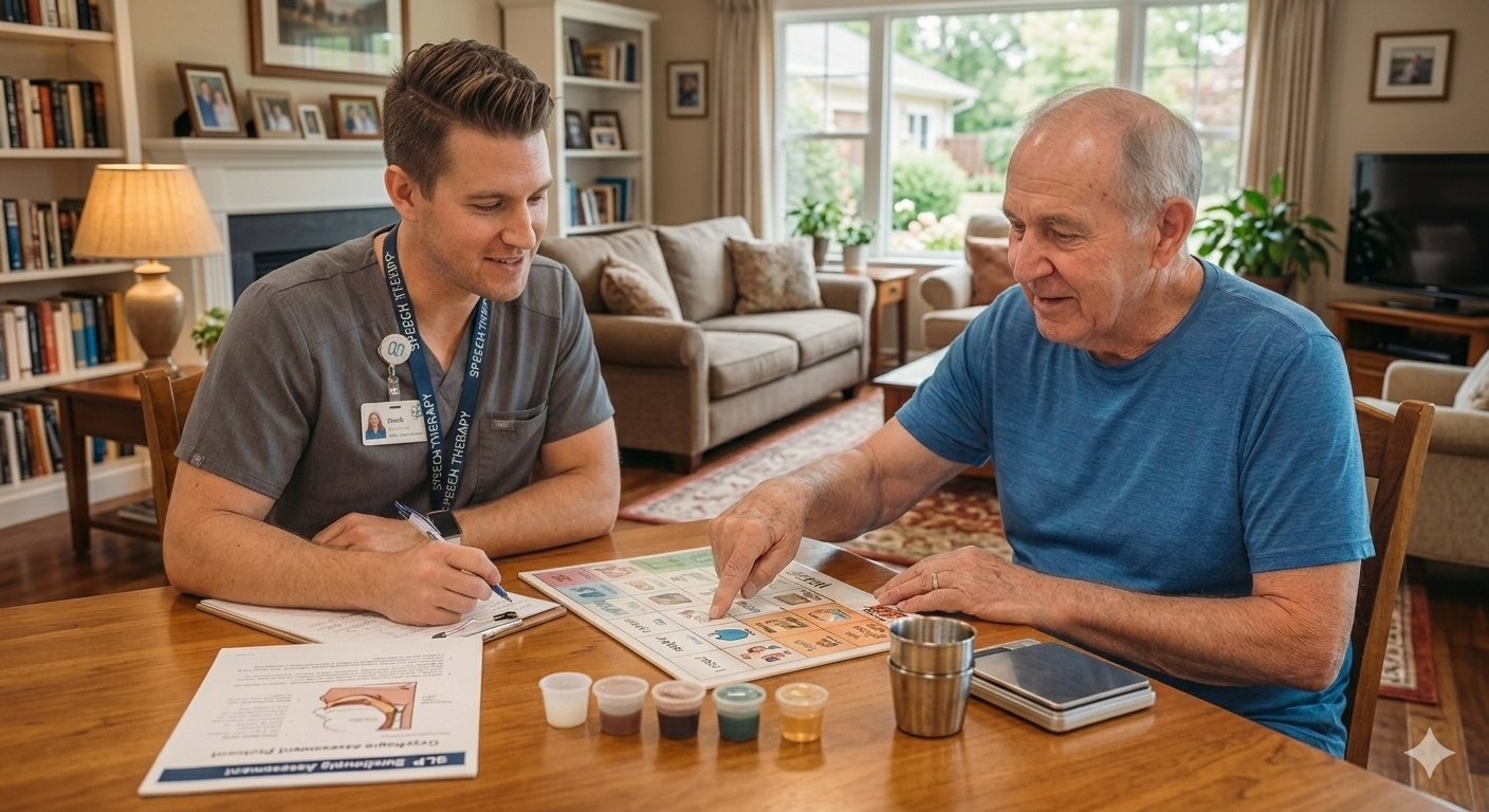 Adult speech language pathologist conducting in-home stroke rehabilitation and communication card exercises with a senior citizen in Shelby Twp, MI.