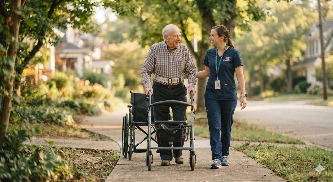 Caregiver helping an older adult walk safely with a walker Caregiver walking outdoors with an older adult using a rollator and wheelchair on a neighborhood sidewalk